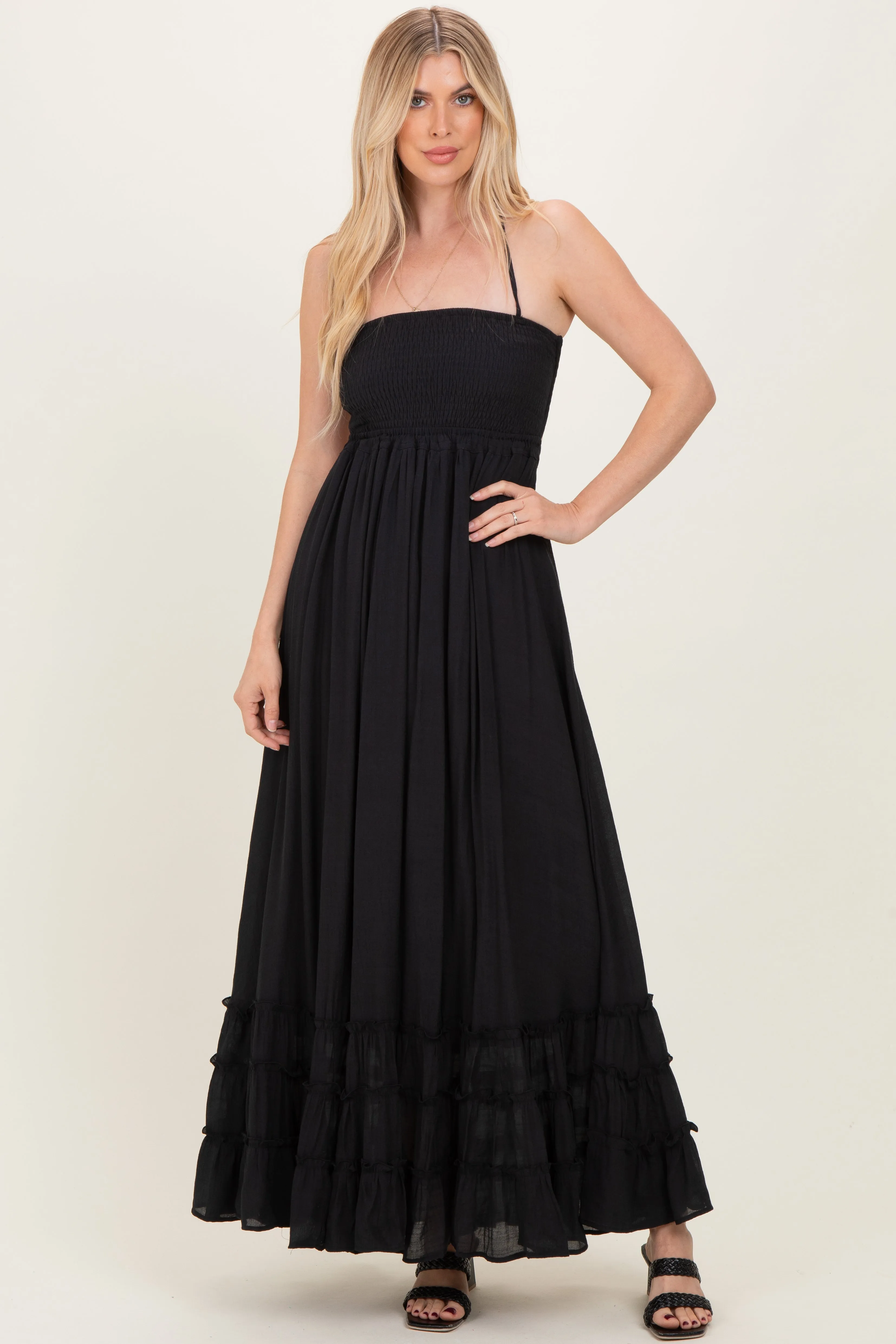Black Smocked Halter Open Back Maternity Maxi Dress sold by Pinkblush product image thumbnail 3