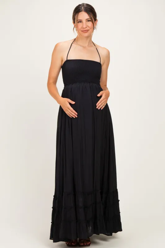 Black Smocked Halter Open Back Maternity Maxi Dress made by HYFVE