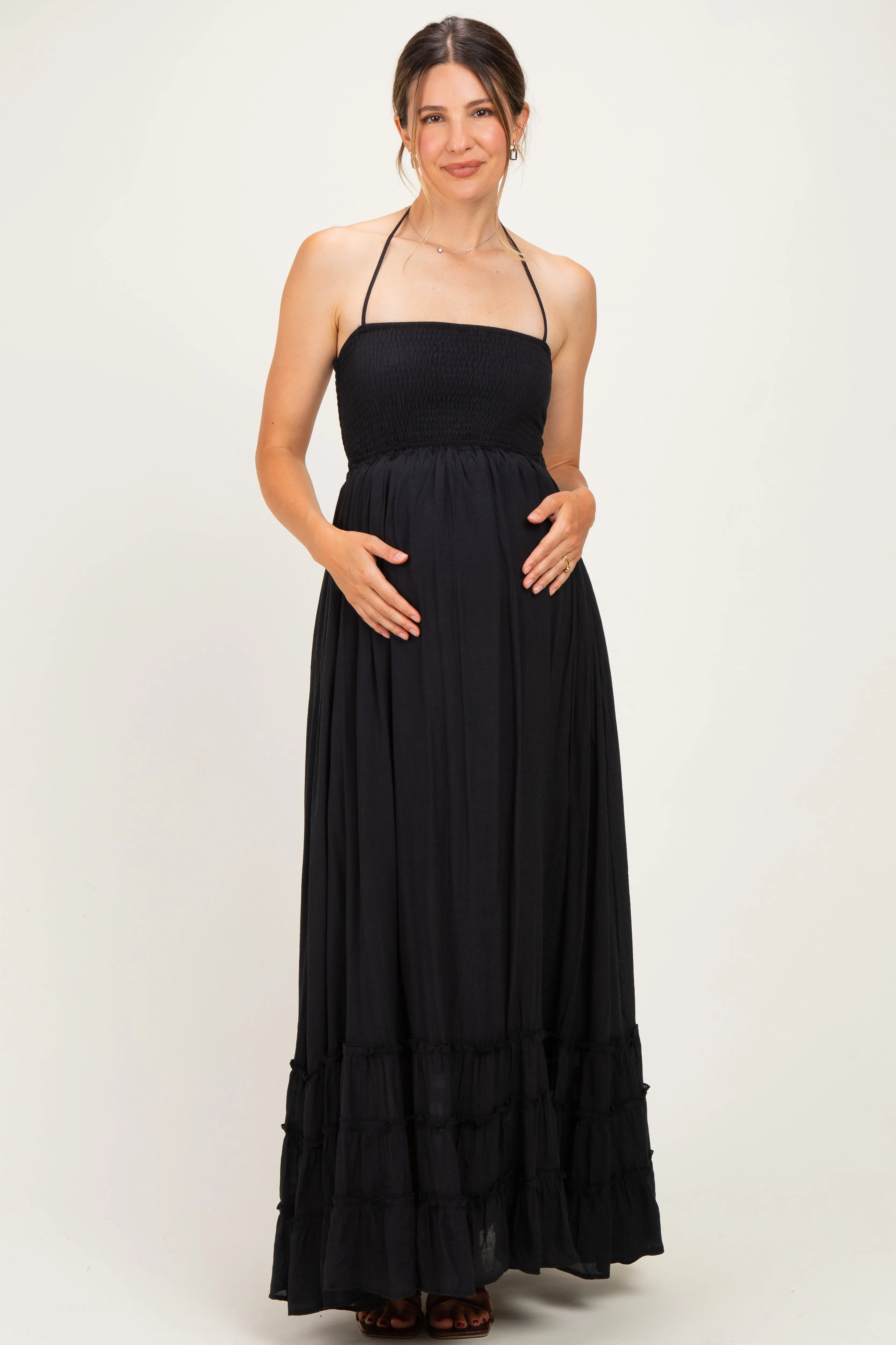 Black Smocked Halter Open Back Maternity Maxi Dress sold by Pinkblush