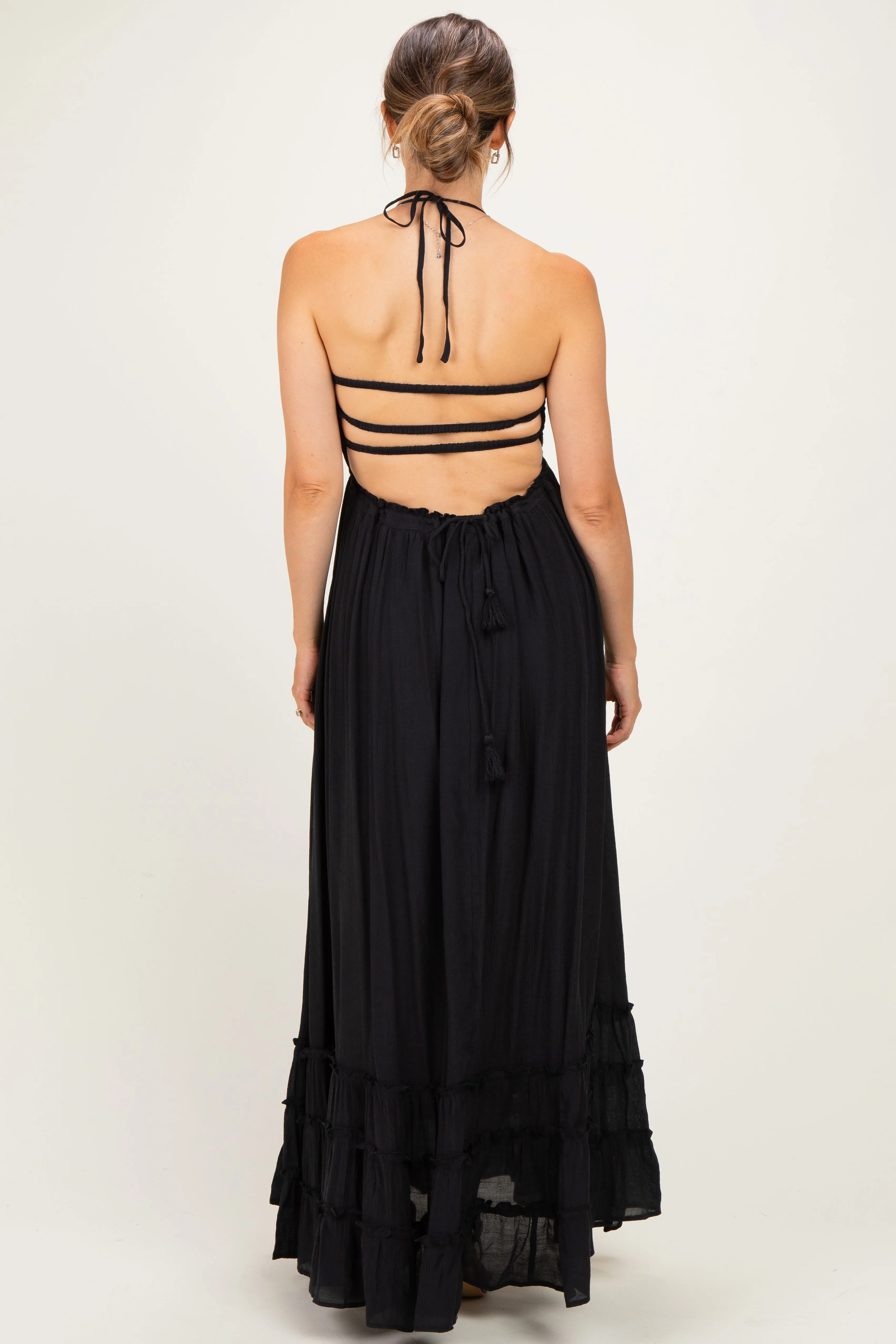 Black Smocked Halter Open Back Maternity Maxi Dress sold by Pinkblush product image thumbnail 2