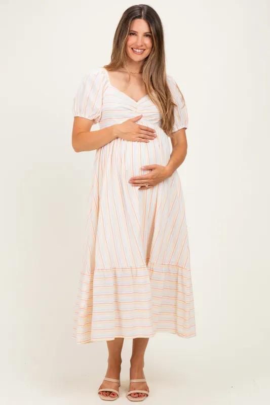 Orange Stripe Sweetheart Neckline Maternity Midi Dress made by In February
