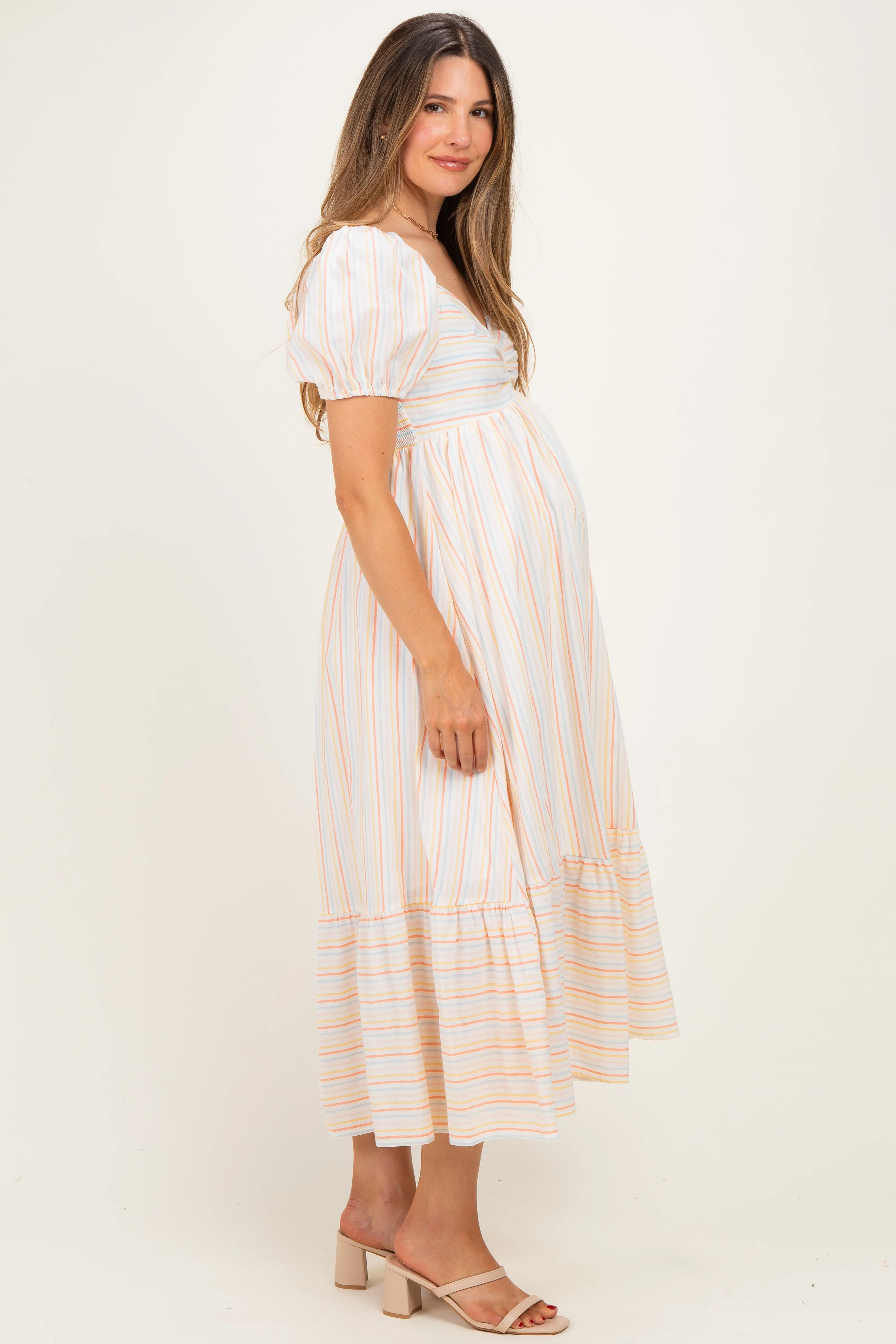 Orange Stripe Sweetheart Neckline Maternity Midi Dress sold by Pinkblush product image thumbnail 2