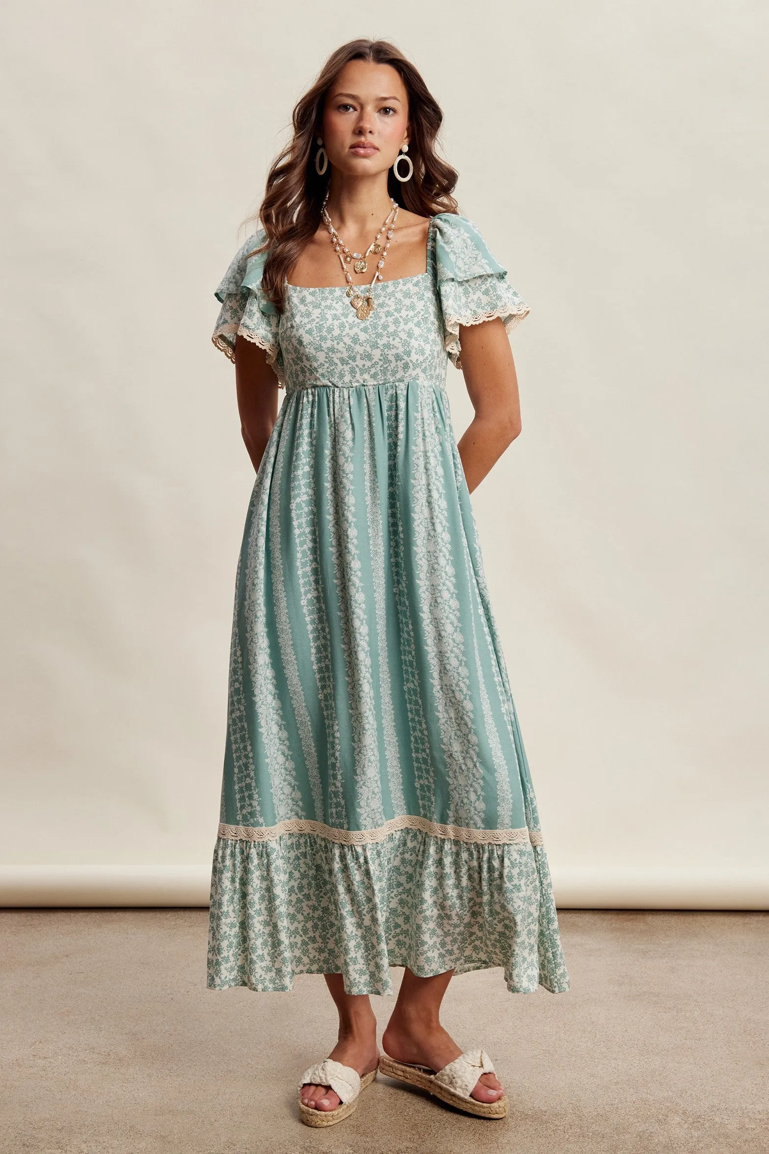Sage Floral Border Print Flutter Sleeve Maxi Dress sold by Pinkblush product image thumbnail 2