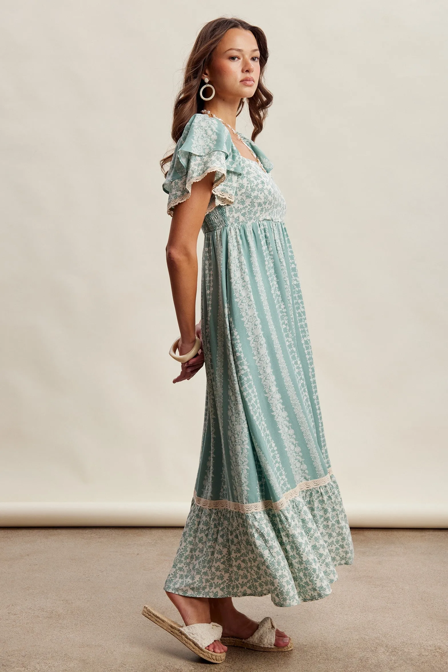 Sage Floral Border Print Flutter Sleeve Maxi Dress sold by Pinkblush product image thumbnail 3