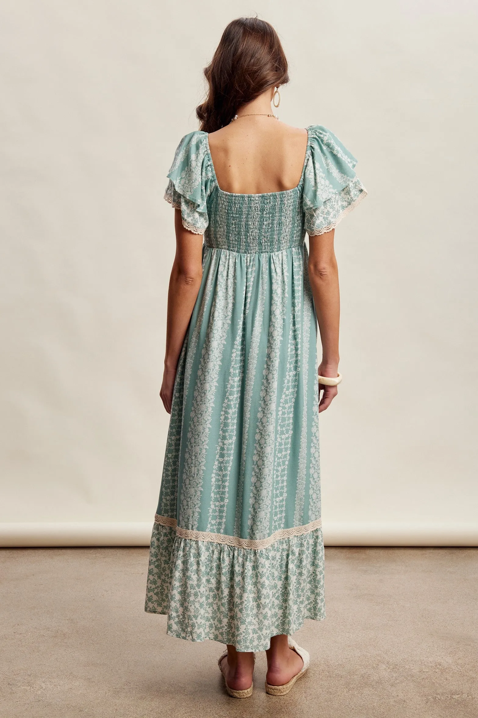 Sage Floral Border Print Flutter Sleeve Maxi Dress sold by Pinkblush product image thumbnail 4