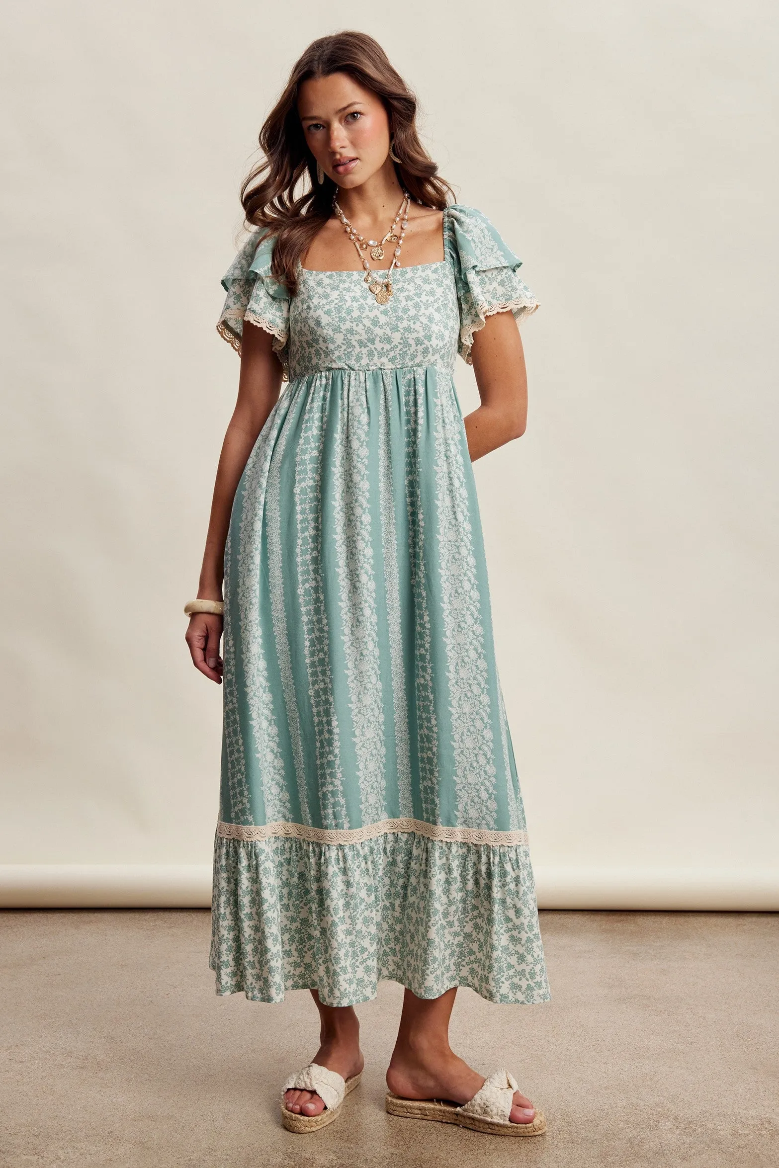 Sage Floral Border Print Flutter Sleeve Maxi Dress sold by Pinkblush