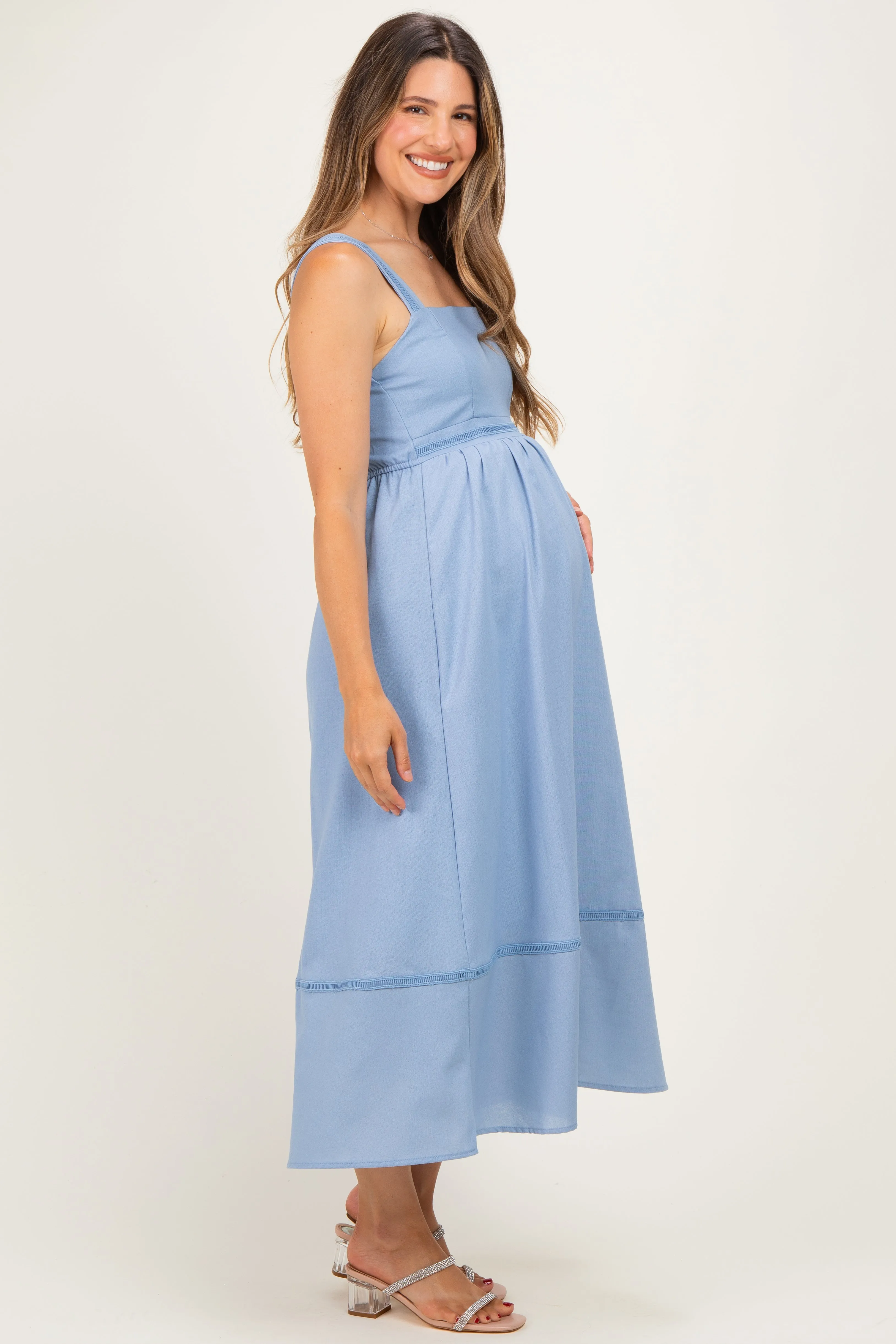 Dusty Blue Linen Blend Sleeveless Maternity Midi Dress sold by Pinkblush product image thumbnail 2