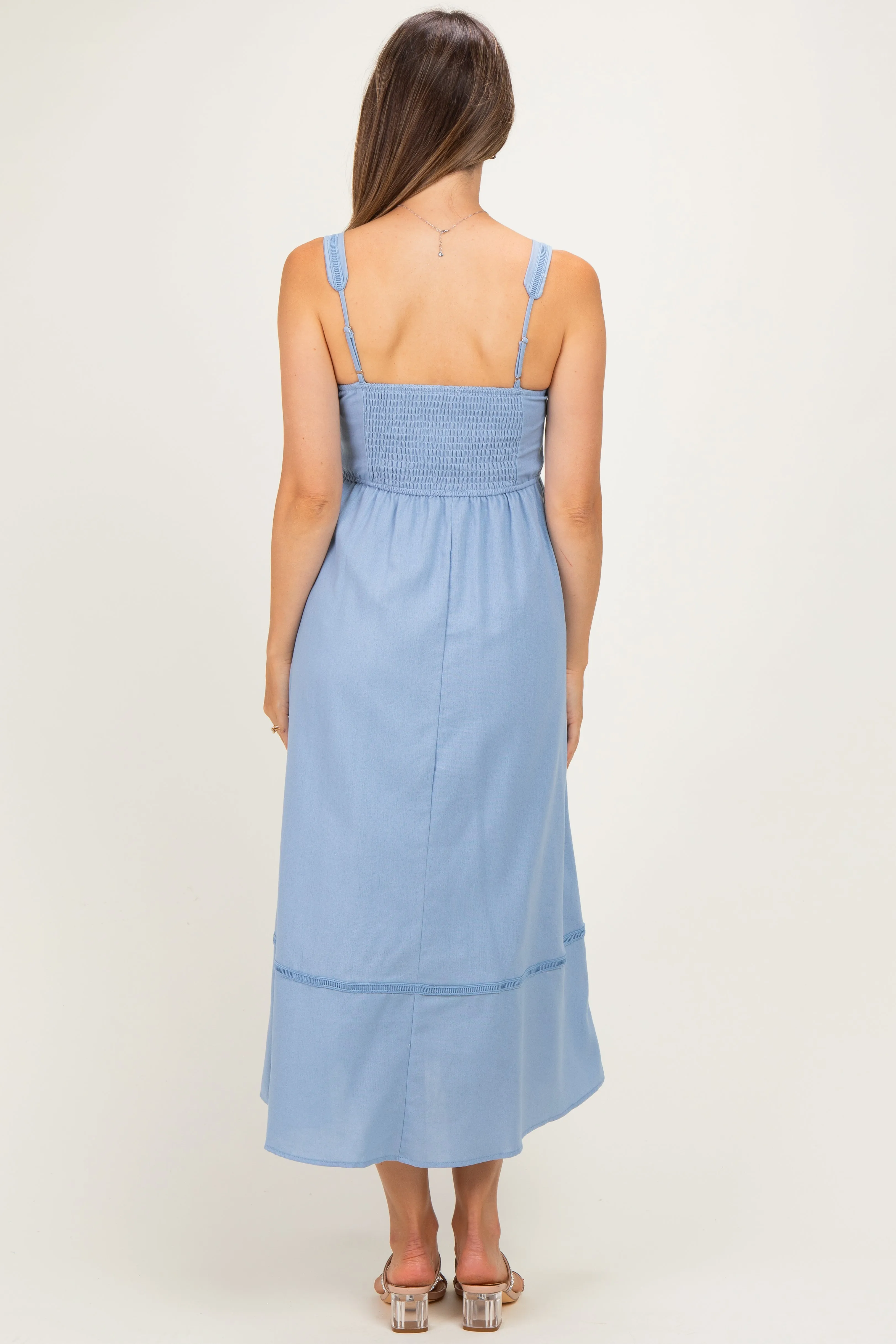 Dusty Blue Linen Blend Sleeveless Maternity Midi Dress sold by Pinkblush product image thumbnail 3