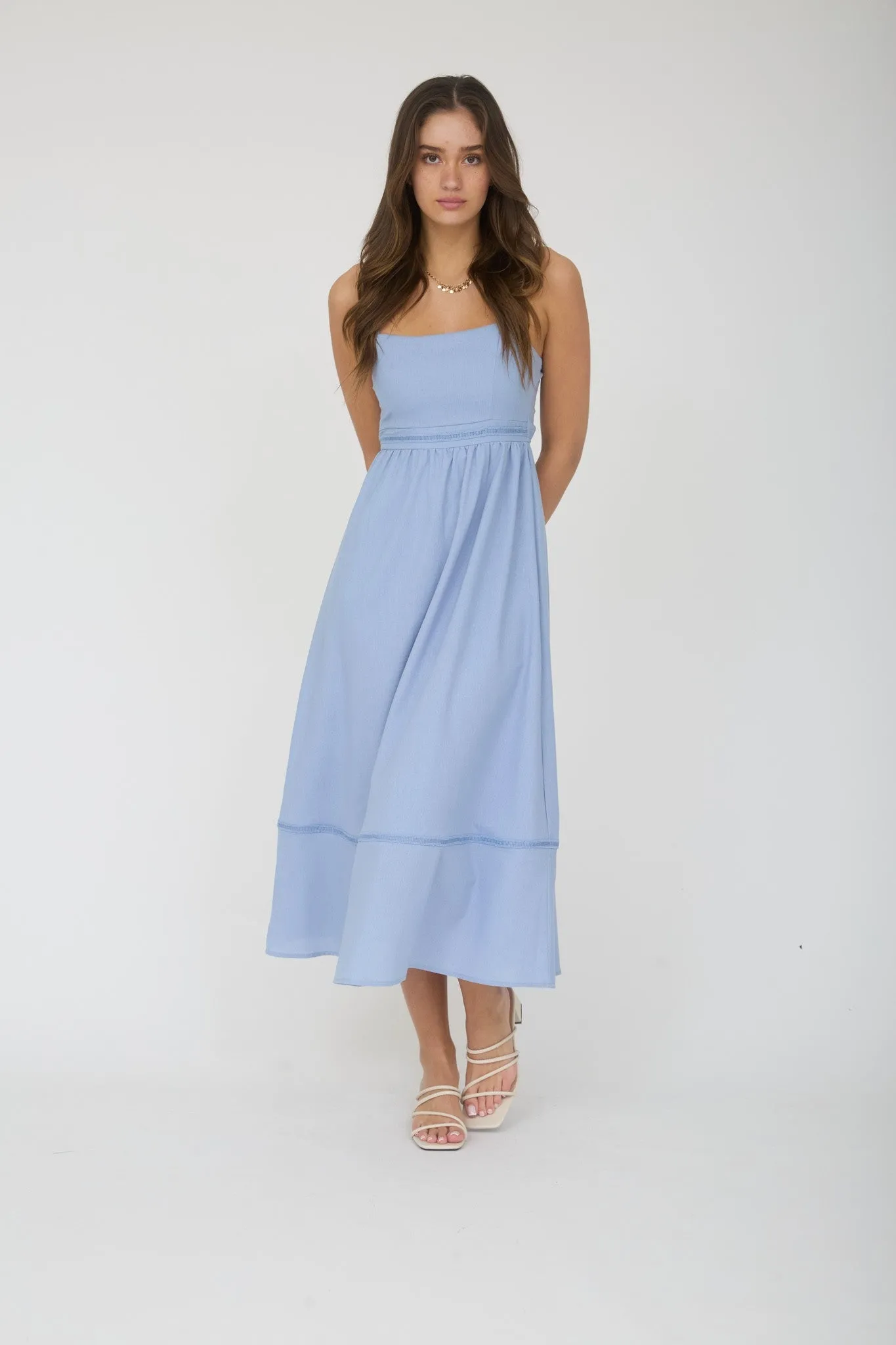 Dusty Blue Linen Blend Sleeveless Maternity Midi Dress sold by Pinkblush product image thumbnail 4