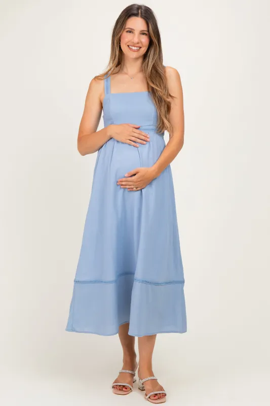 Dusty Blue Linen Blend Sleeveless Maternity Midi Dress made by Blu Pepper