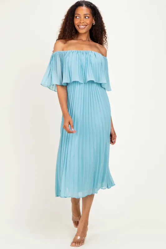 Blue Pleated Off Shoulder Flounce Midi Dress made by Pinkblush