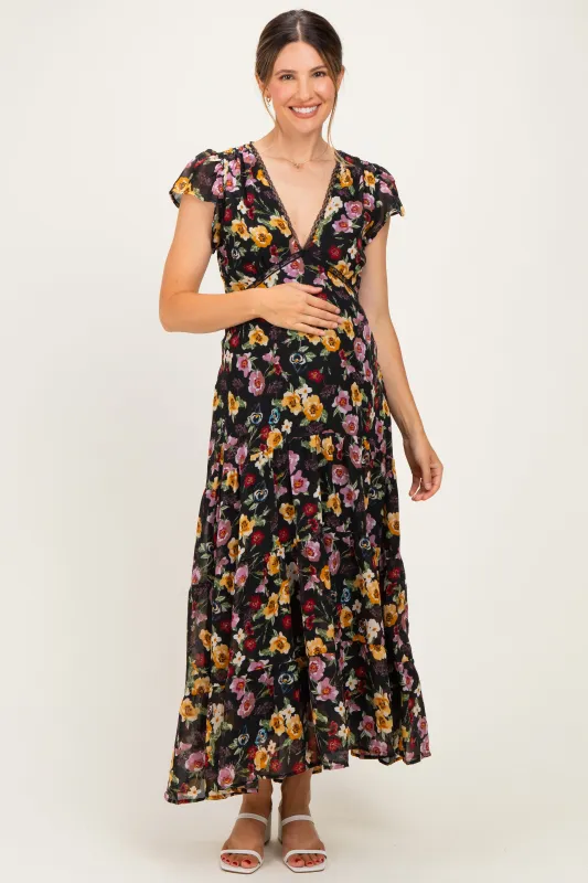 Black Multi Floral Chiffon V Neck Maternity Midi Dress made by BaeVely