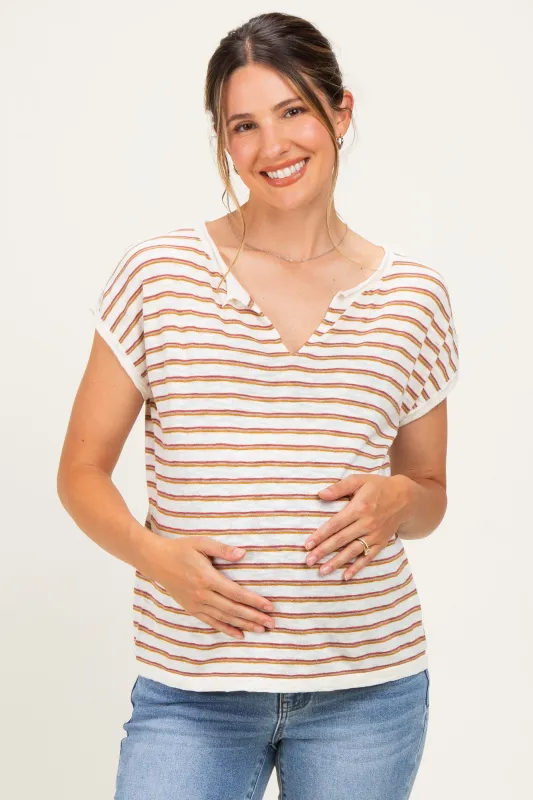 Rust Split Neck Striped Knit Maternity Top made by Staccato