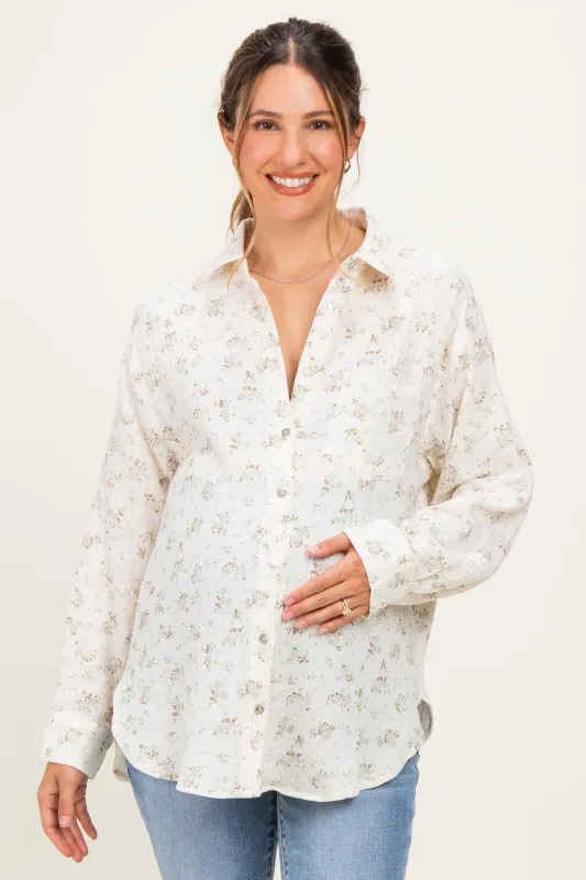 Sage Floral Cotton Gauze Button-Down Maternity Shirt made by In February