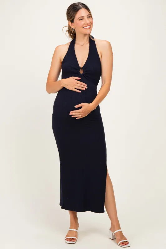 Navy Knit Halter Gold Ring Maternity Maxi Dress made by Dress Forum