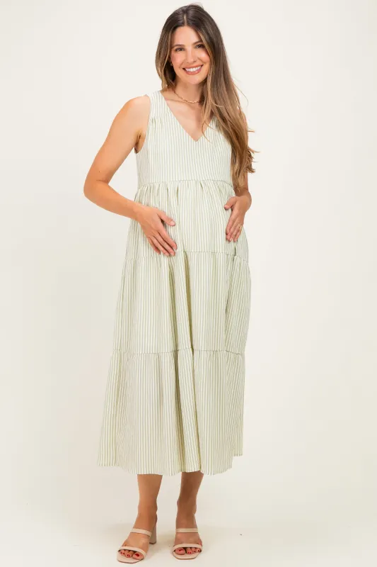 Sage Striped V-Neck Sleeveless Tiered Maternity Maxi Dress made by Gilli