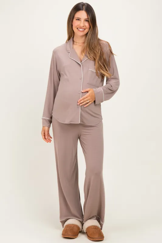 Cocoa Button Down Top Wide Leg Pant Maternity Pajama Set made by Zenana Outfitters