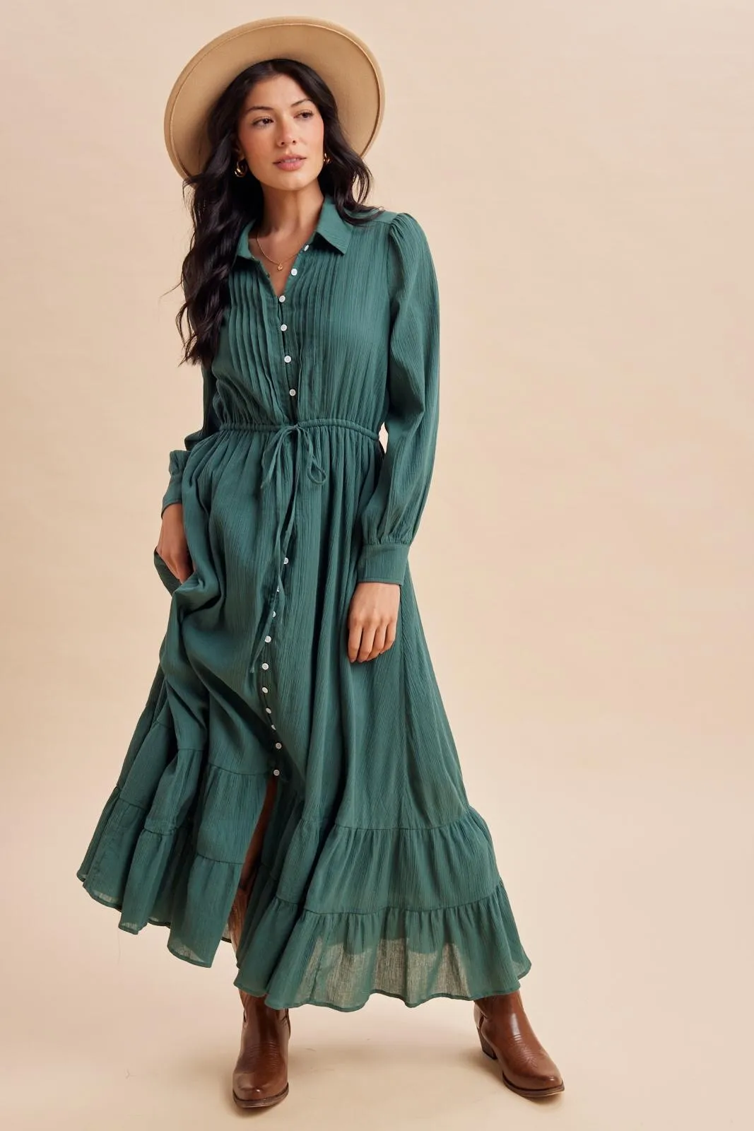 Emerald Teal Pleated Front Button Down Maxi Dress sold by Pinkblush product image thumbnail 2