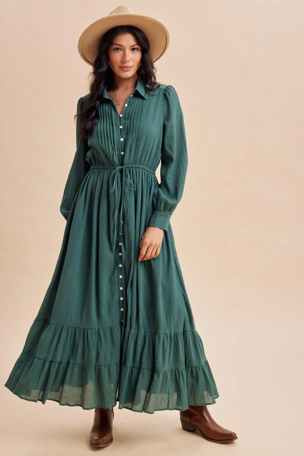 Emerald Teal Pleated Front Button Down Maxi Dress sold by Pinkblush product image thumbnail 3