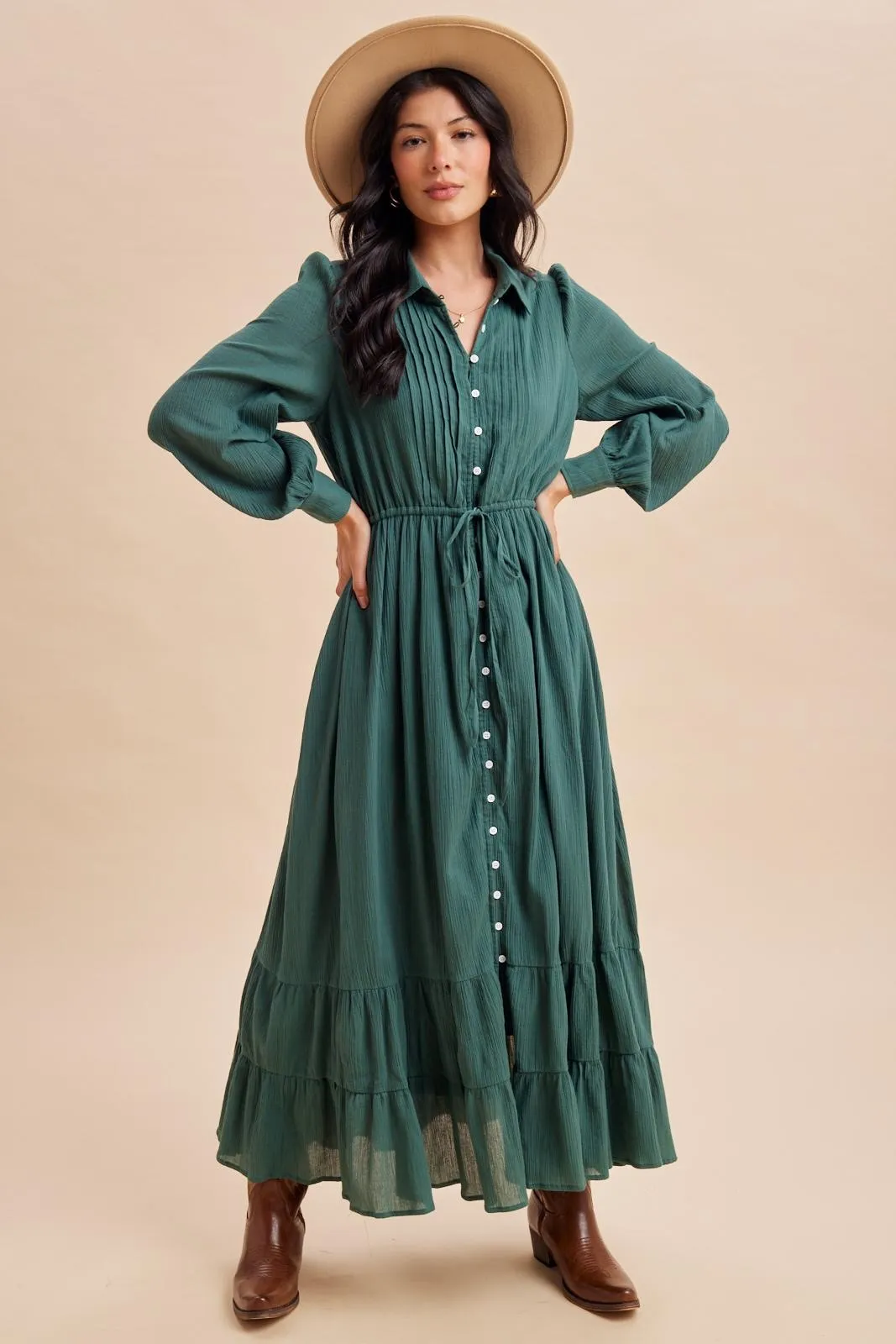 Emerald Teal Pleated Front Button Down Maxi Dress sold by Pinkblush product image thumbnail 4