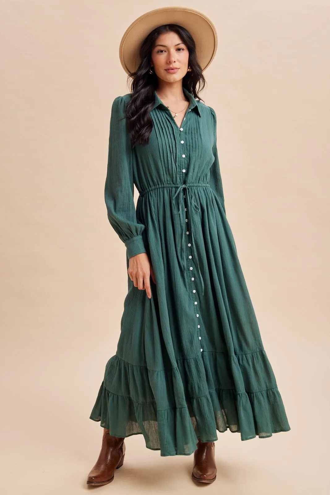 Emerald Teal Pleated Front Button Down Maxi Dress sold by Pinkblush