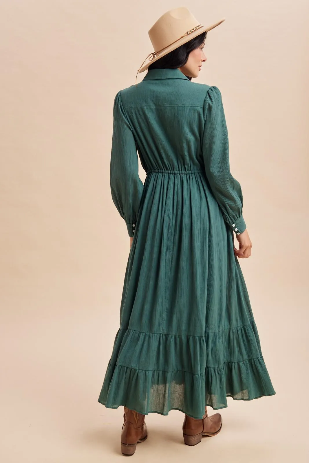 Emerald Teal Pleated Front Button Down Maxi Dress sold by Pinkblush product image thumbnail 5