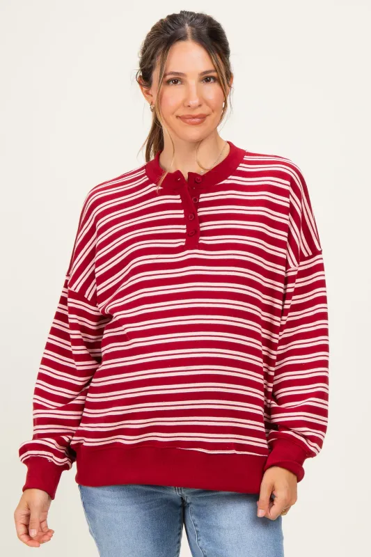 Maroon Striped Oversized Maternity Button Sweatshirt made by Le Lis