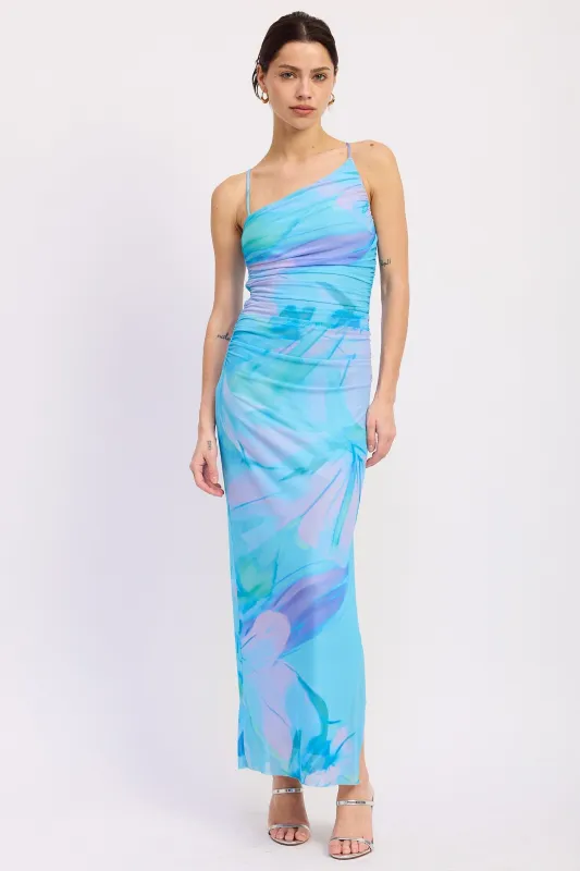 Blue Multi One Shoulder Ruched Dress made by emory park