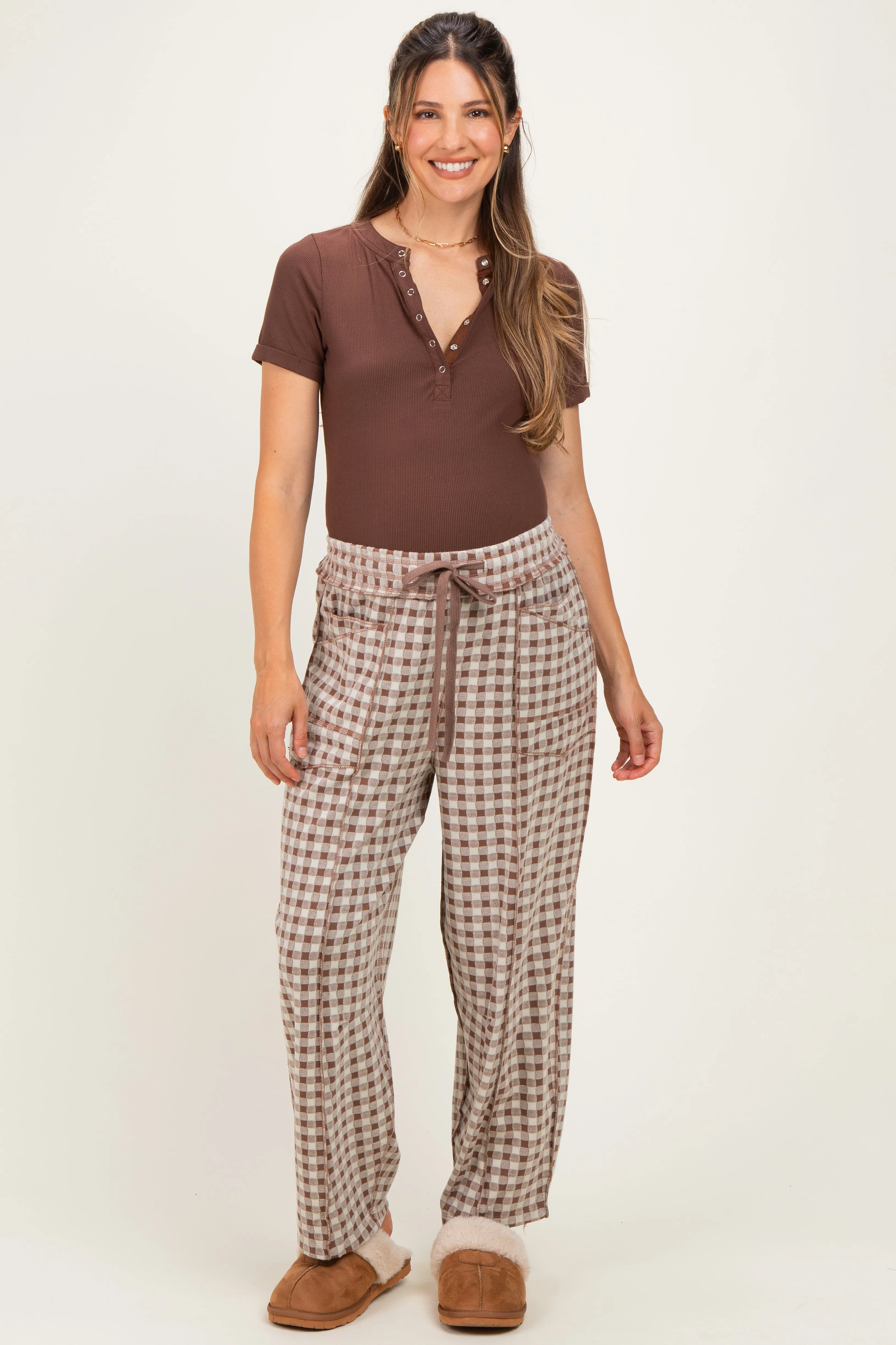 Mocha Gingham Barrel Leg Maternity Pants sold by Pinkblush