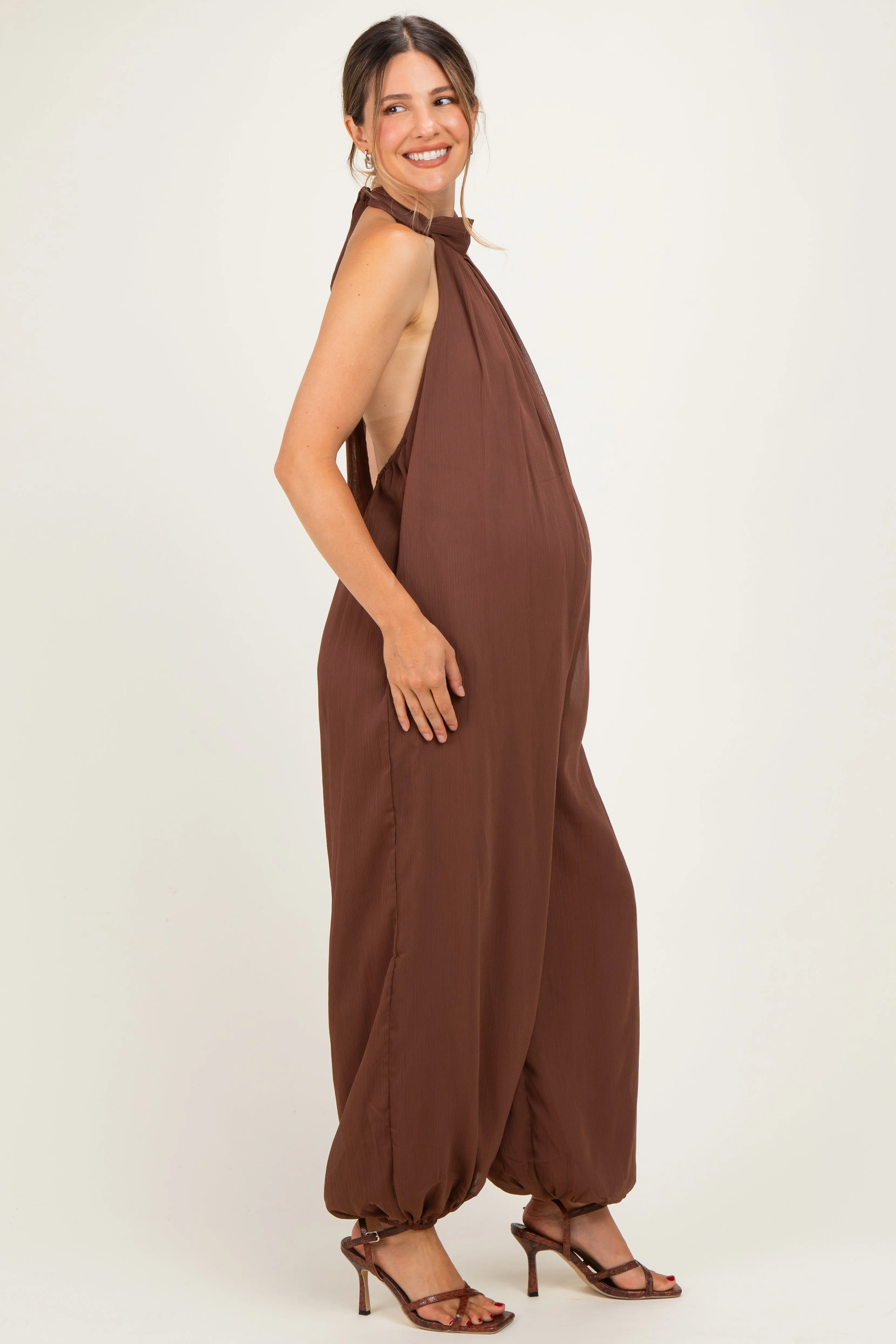Brown Chiffon Halter Neck Open Back Maternity Jumpsuit sold by Pinkblush product image thumbnail 2