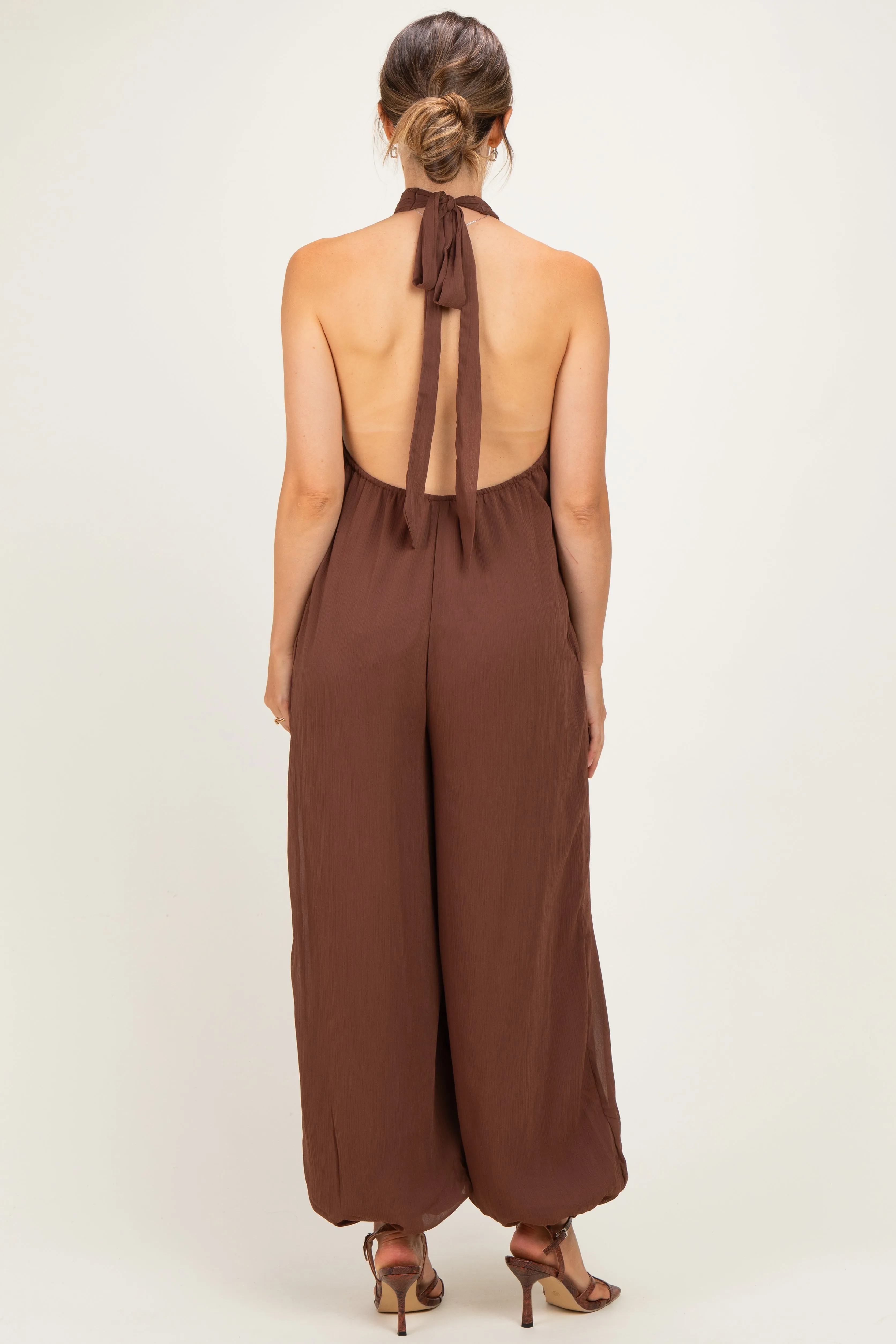Brown Chiffon Halter Neck Open Back Maternity Jumpsuit sold by Pinkblush product image thumbnail 3