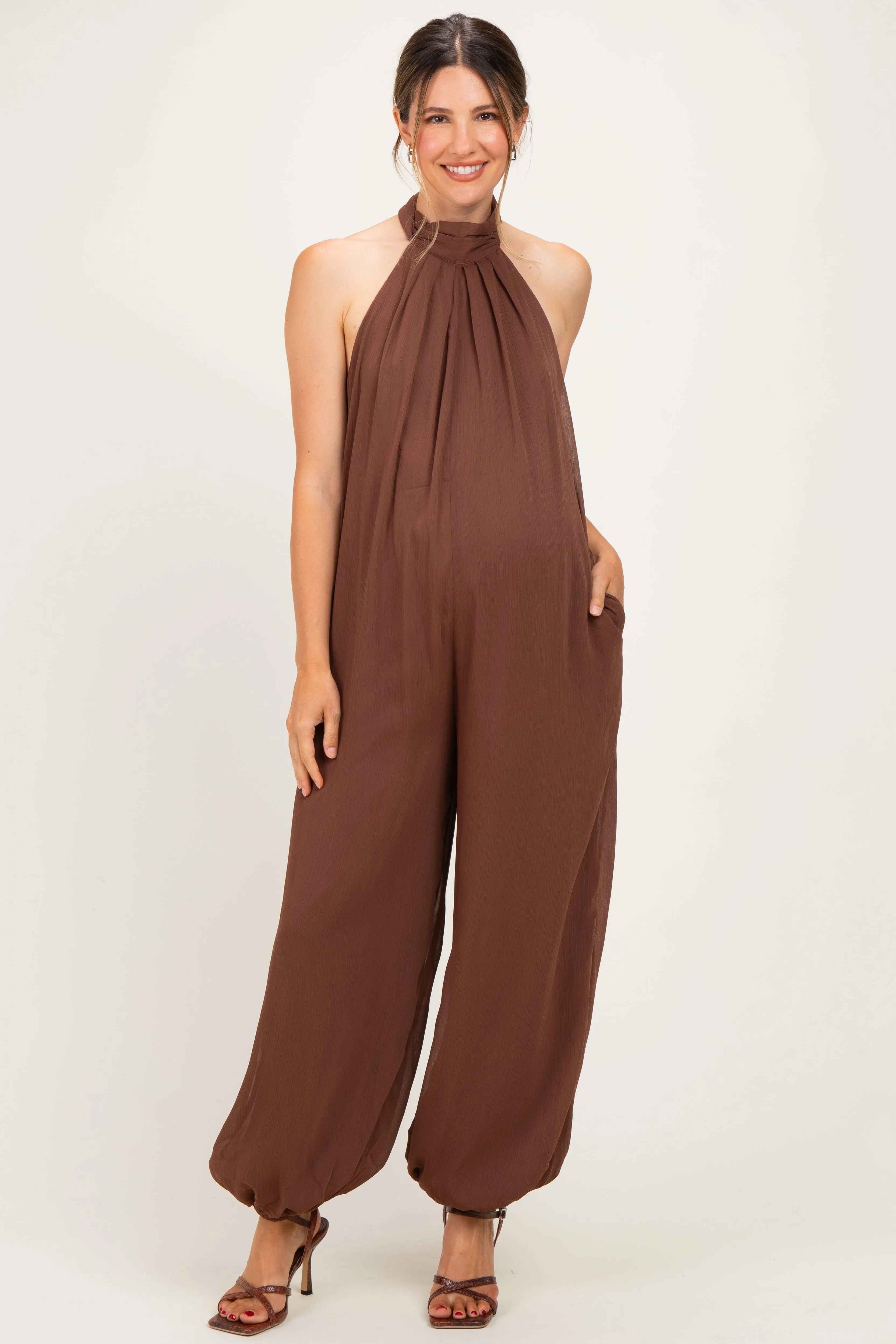 Brown Chiffon Halter Neck Open Back Maternity Jumpsuit sold by Pinkblush