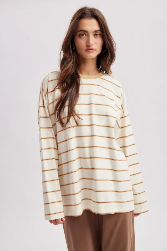 Taupe Striped Oversized Long Sleeve Top made by Wishlist