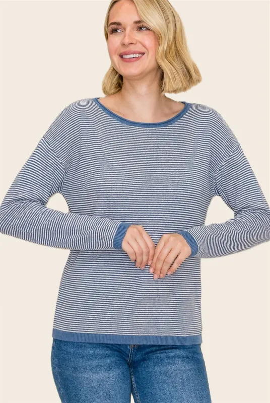 Denim Blue Striped Waffle Knit Sweater made by Staccato