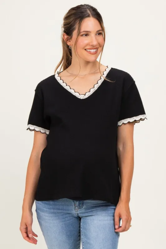 Black Waffle Knit Crochet Trim Maternity Top made by BiBi
