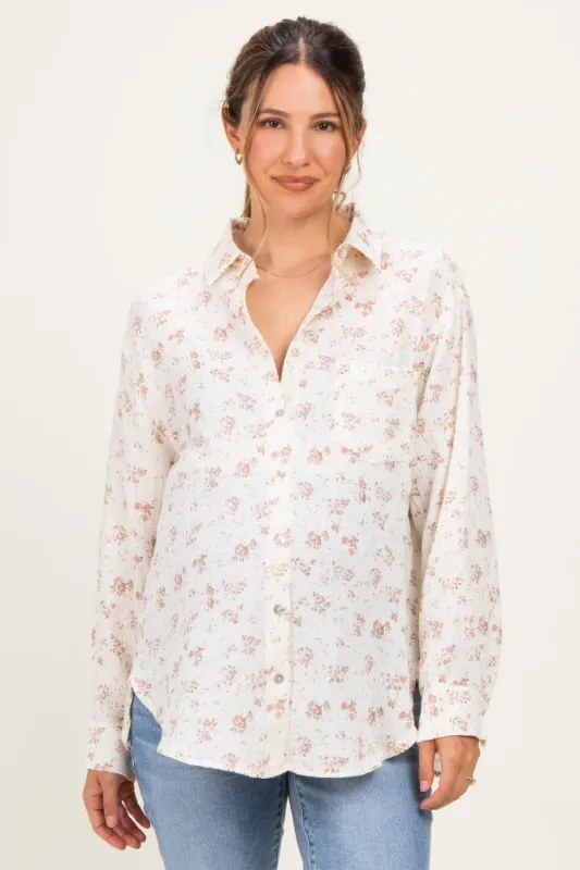 Mauve Floral Cotton Gauze Oversized Button-Down Maternity Shirt made by In February