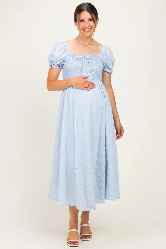 Blue Square Neck Puff Sleeve Maternity Midi Dress sold by Pinkblush