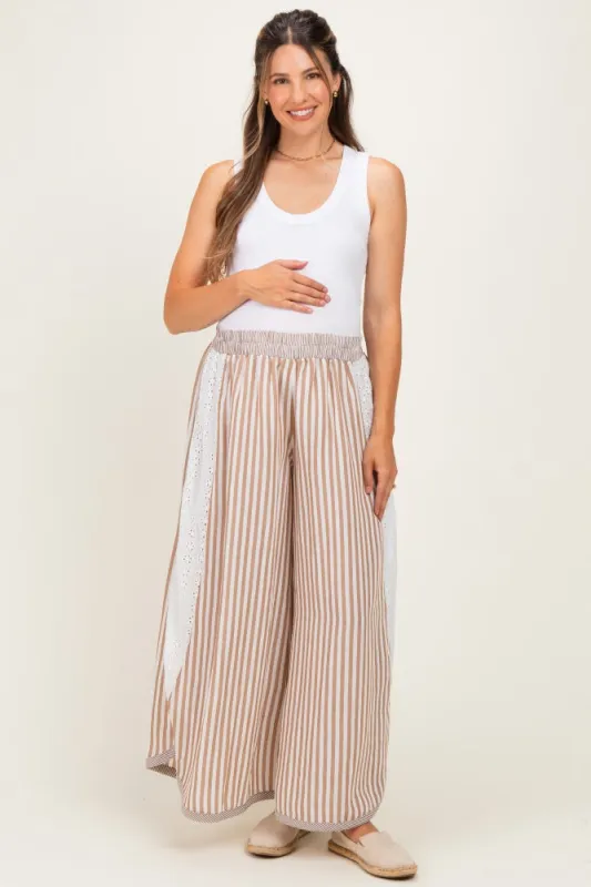 Caramel Stripe Eyelet Lace Maternity Wide Leg Pant made by Pinkblush