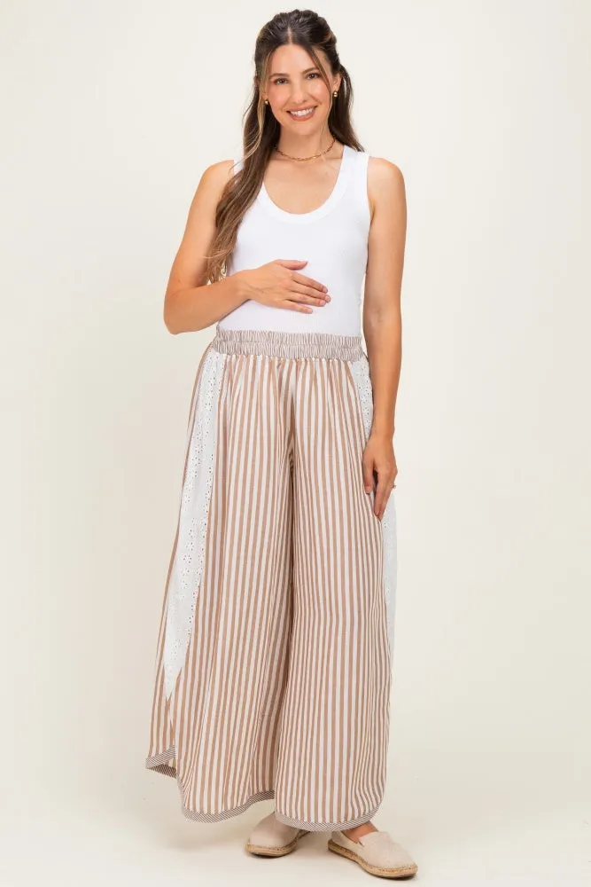 Caramel Stripe Eyelet Lace Maternity Wide Leg Pant sold by Pinkblush