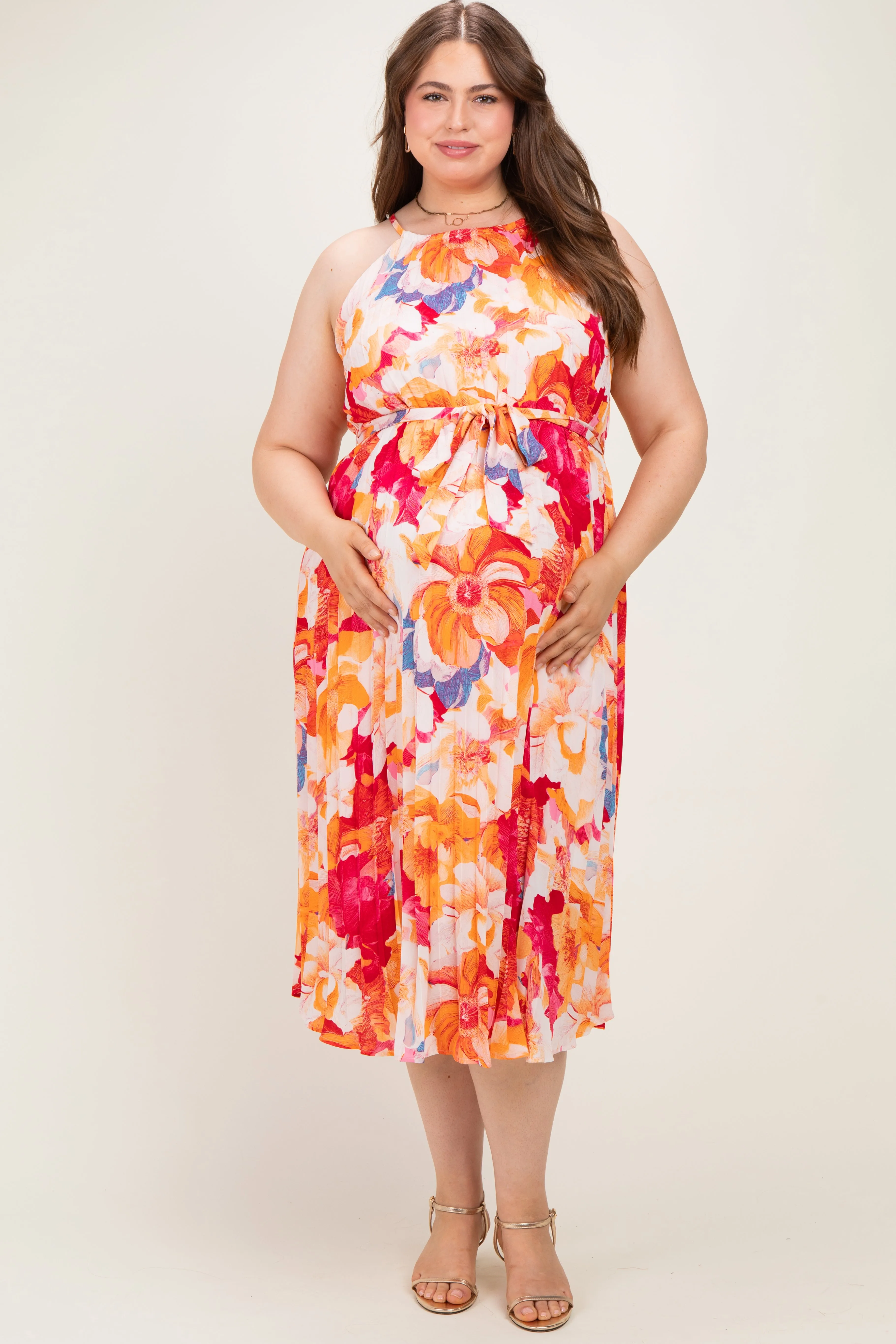 Coral Floral Pleated Maternity Plus Midi Dress sold by Pinkblush product image thumbnail 2