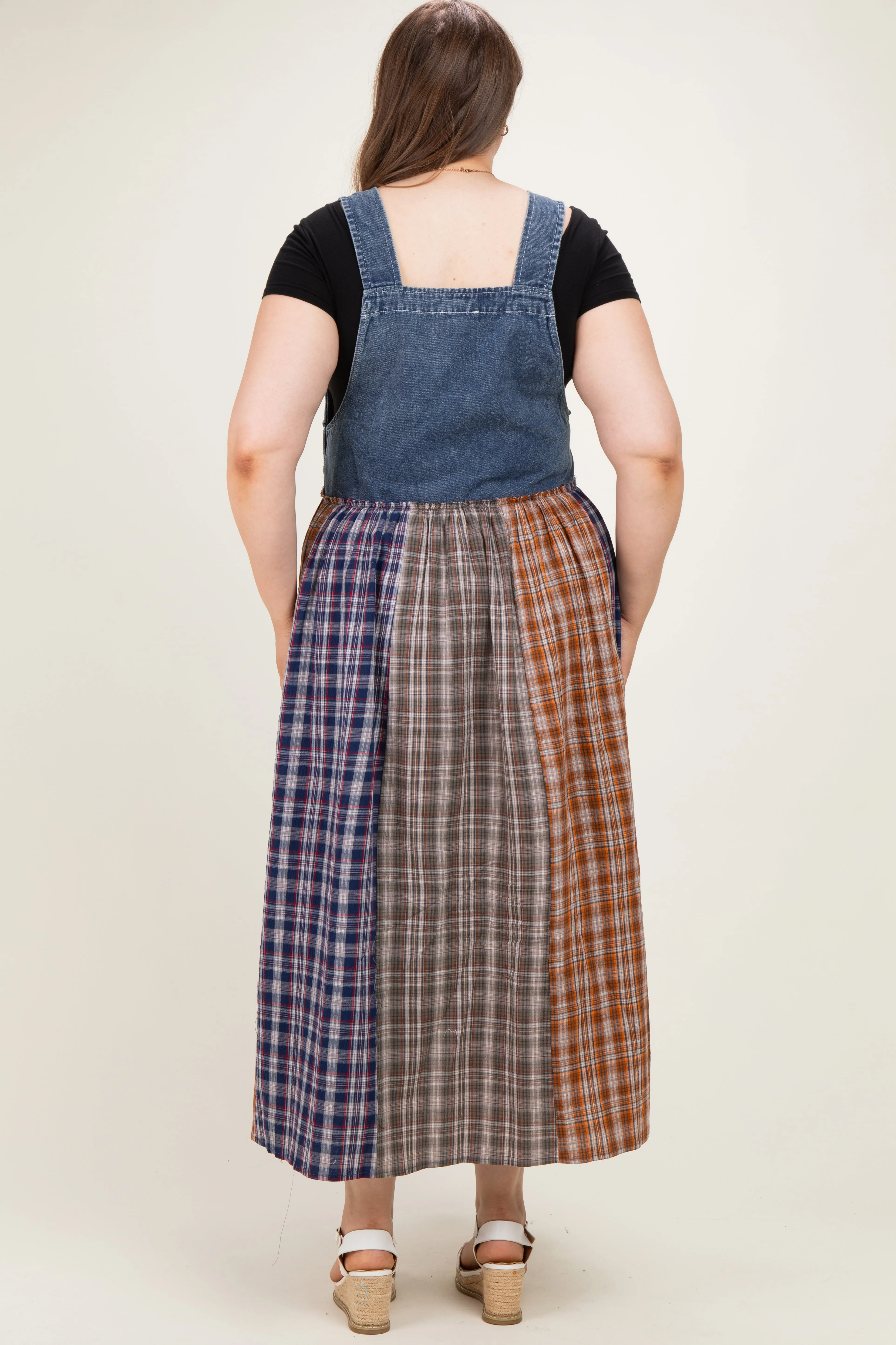 Washed Denim Mixed Plaid Maternity Plus Overall Dress sold by Pinkblush product image thumbnail 4