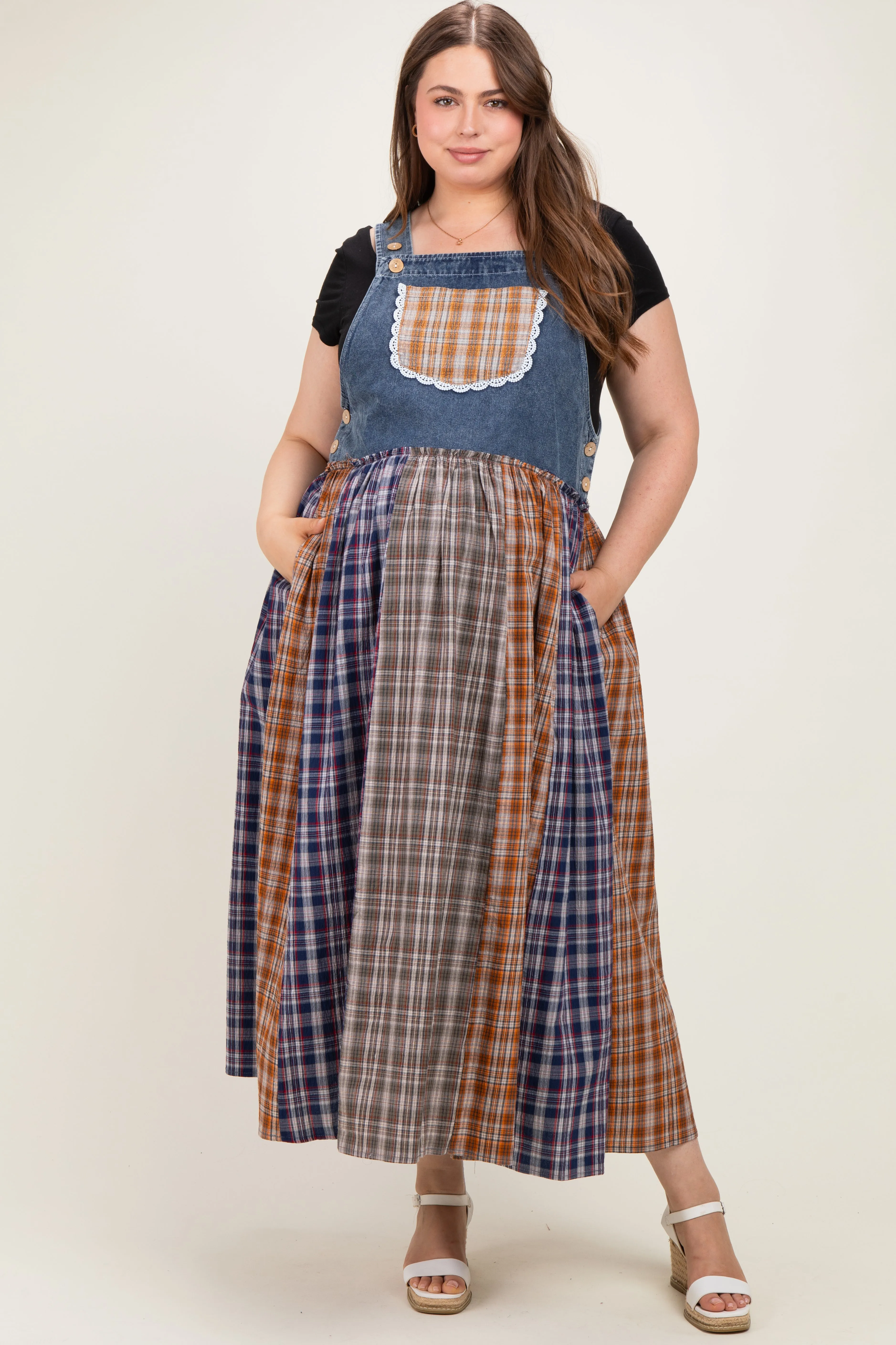 Washed Denim Mixed Plaid Maternity Plus Overall Dress sold by Pinkblush