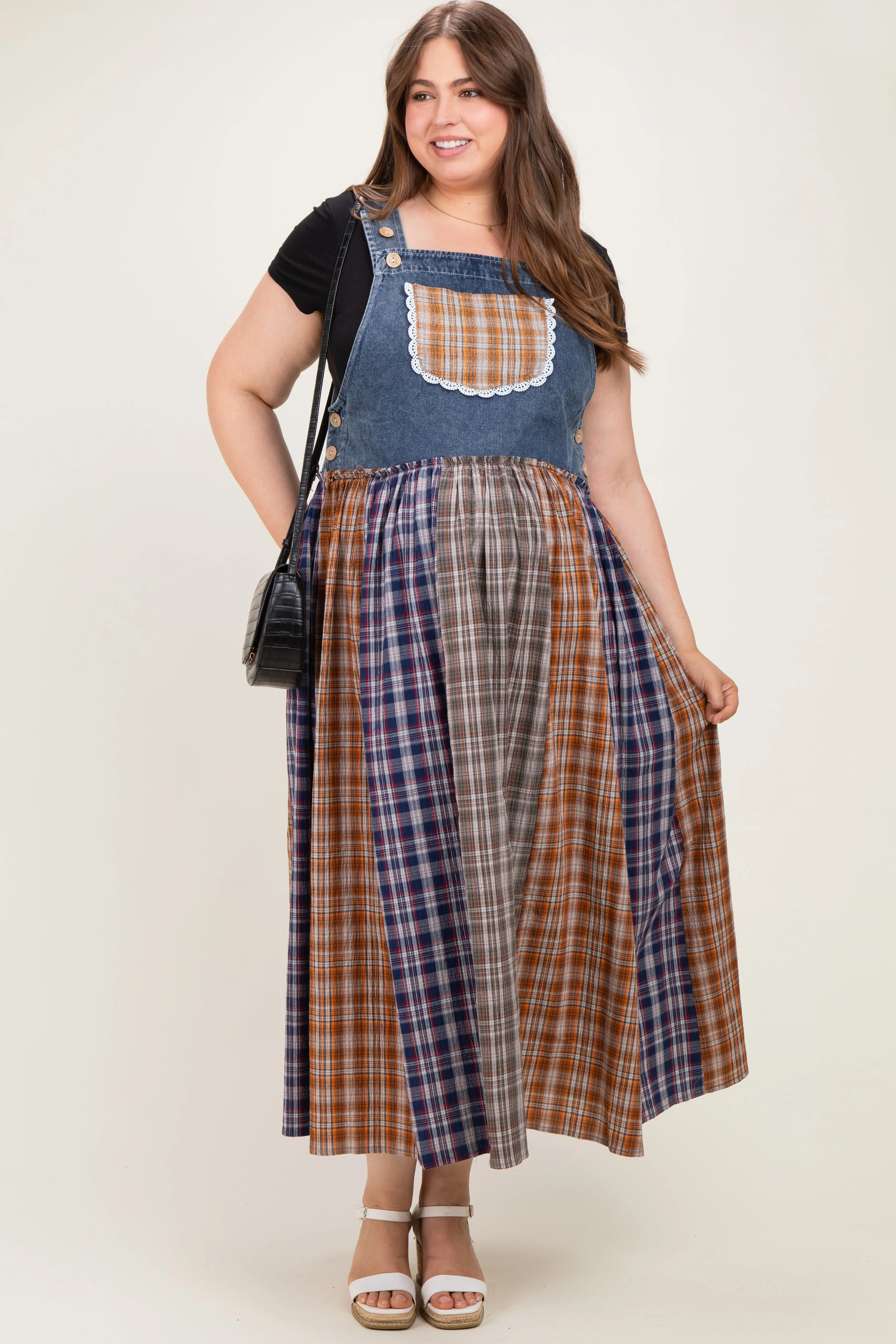 Washed Denim Mixed Plaid Maternity Plus Overall Dress sold by Pinkblush product image thumbnail 2
