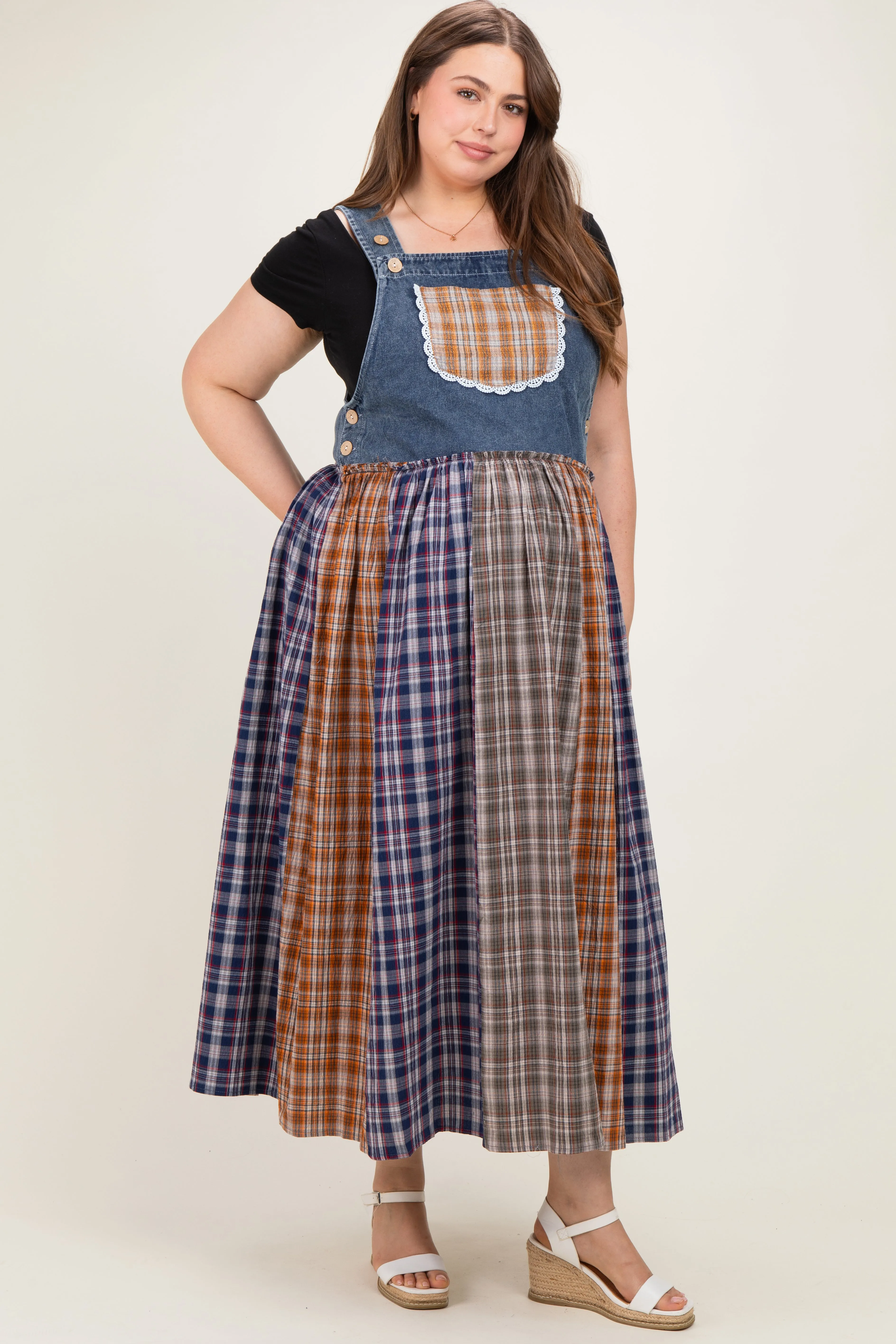 Washed Denim Mixed Plaid Maternity Plus Overall Dress sold by Pinkblush product image thumbnail 3