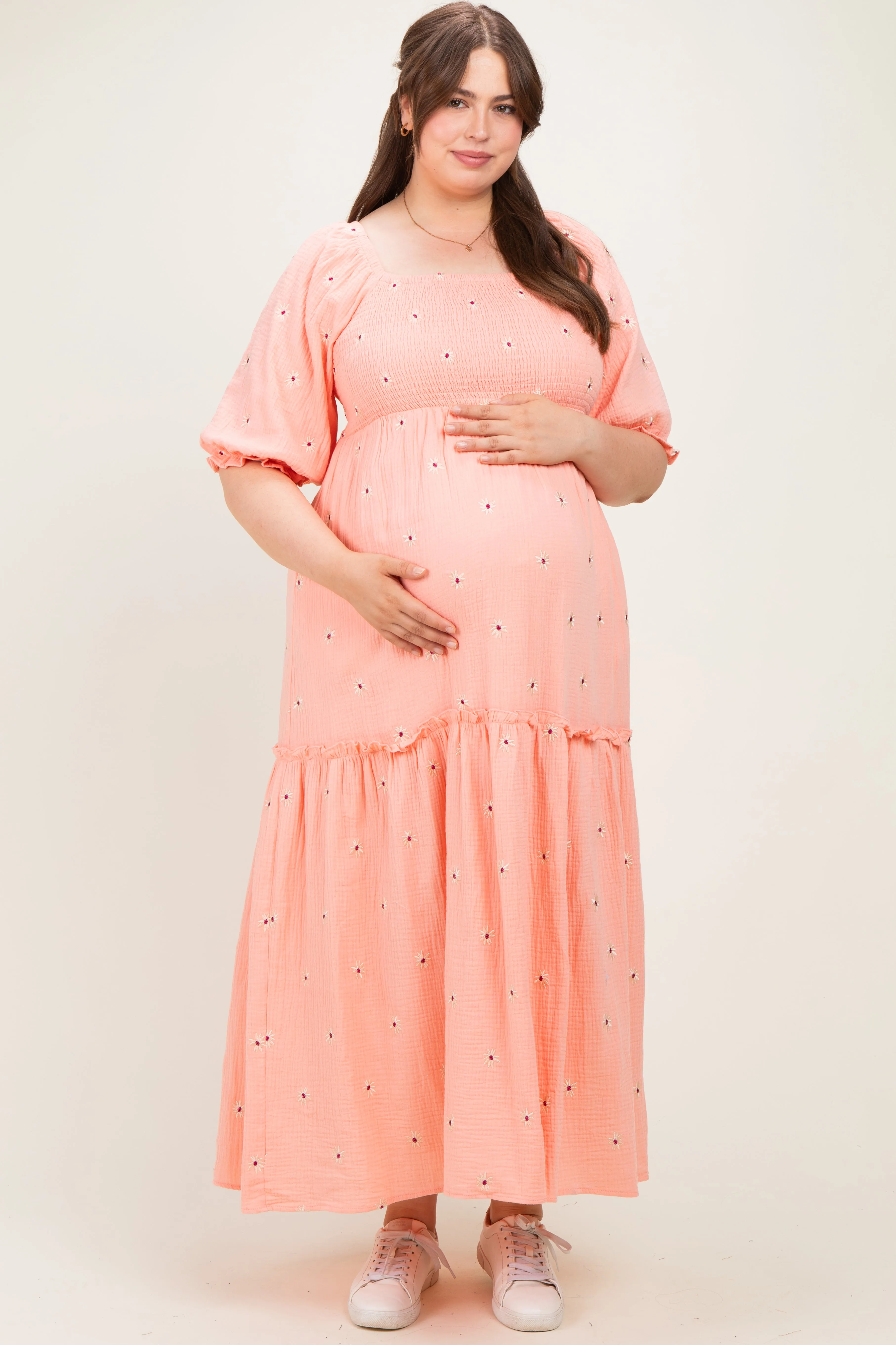 Light Pink Floral Smocked Puff Sleeve Plus Maternity Maxi Dress sold by Pinkblush product image thumbnail 2