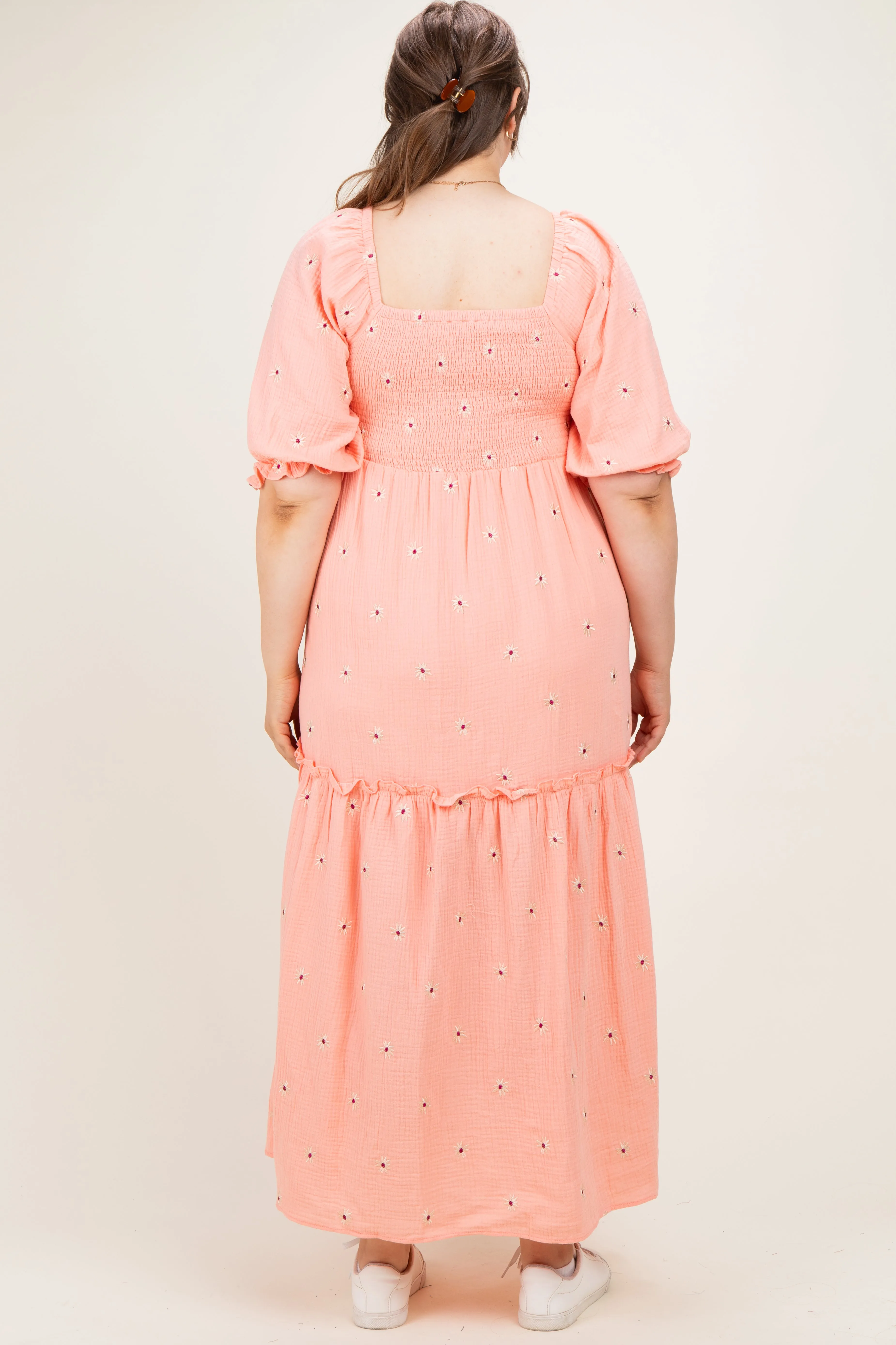 Light Pink Floral Smocked Puff Sleeve Plus Maternity Maxi Dress sold by Pinkblush product image thumbnail 4