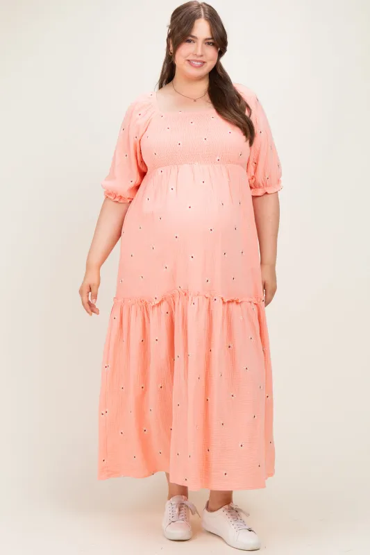 Light Pink Floral Smocked Puff Sleeve Plus Maternity Maxi Dress made by Jnna
