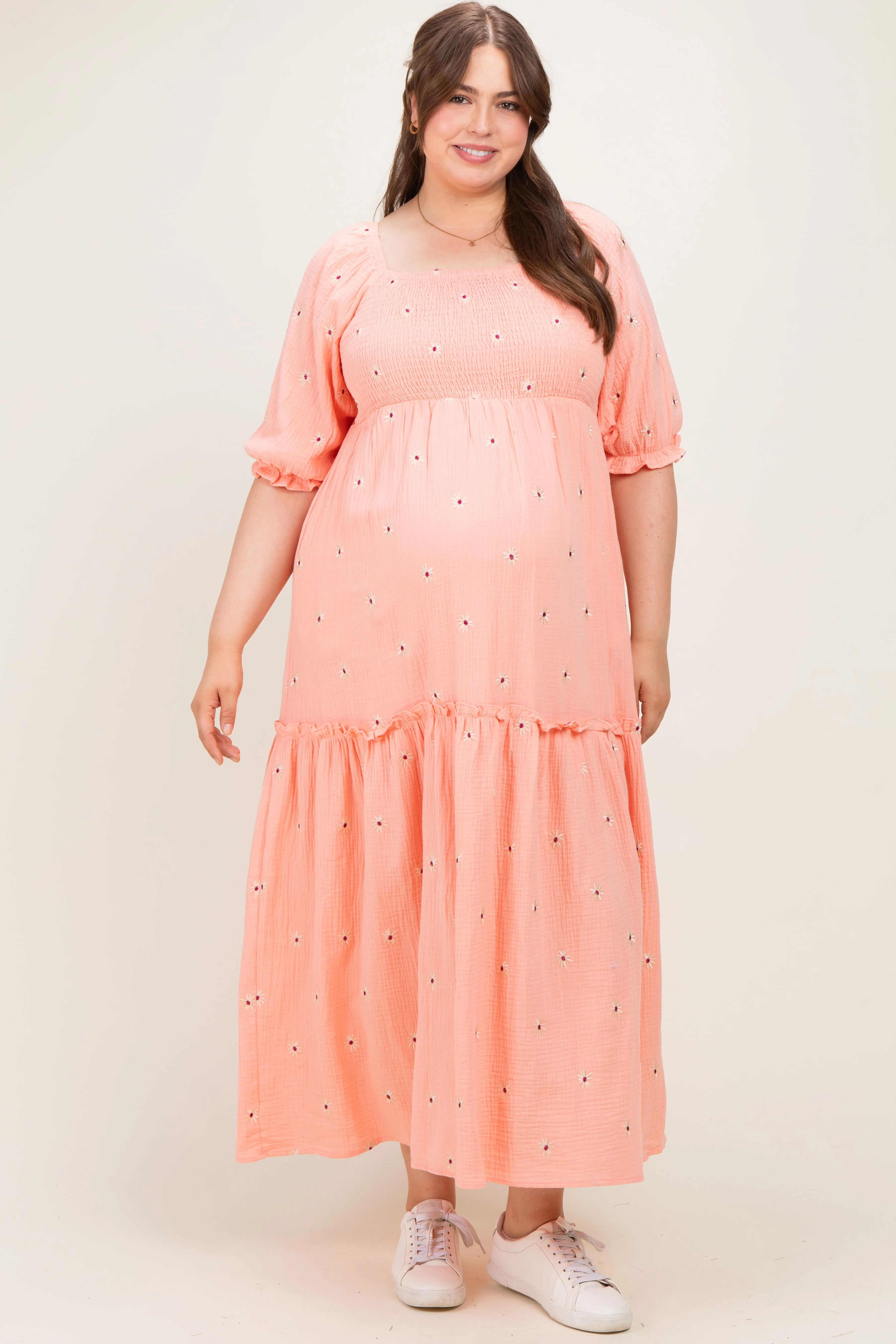 Light Pink Floral Smocked Puff Sleeve Plus Maternity Maxi Dress sold by Pinkblush