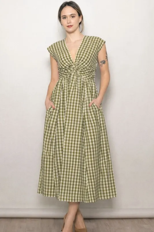 Olive Gingham Twist Front Midi Dress made by Pinkblush
