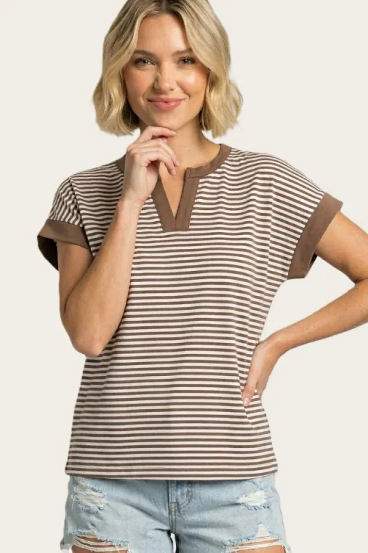 Mocha Striped Contrast Trim Top made by Staccato